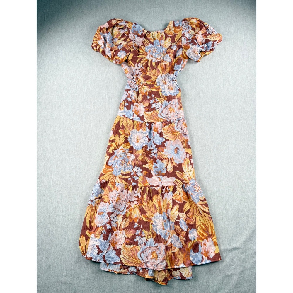 Minkpink Floral Puff Sleeve Open Back Tiered Maxi Dress Rust Brown Small